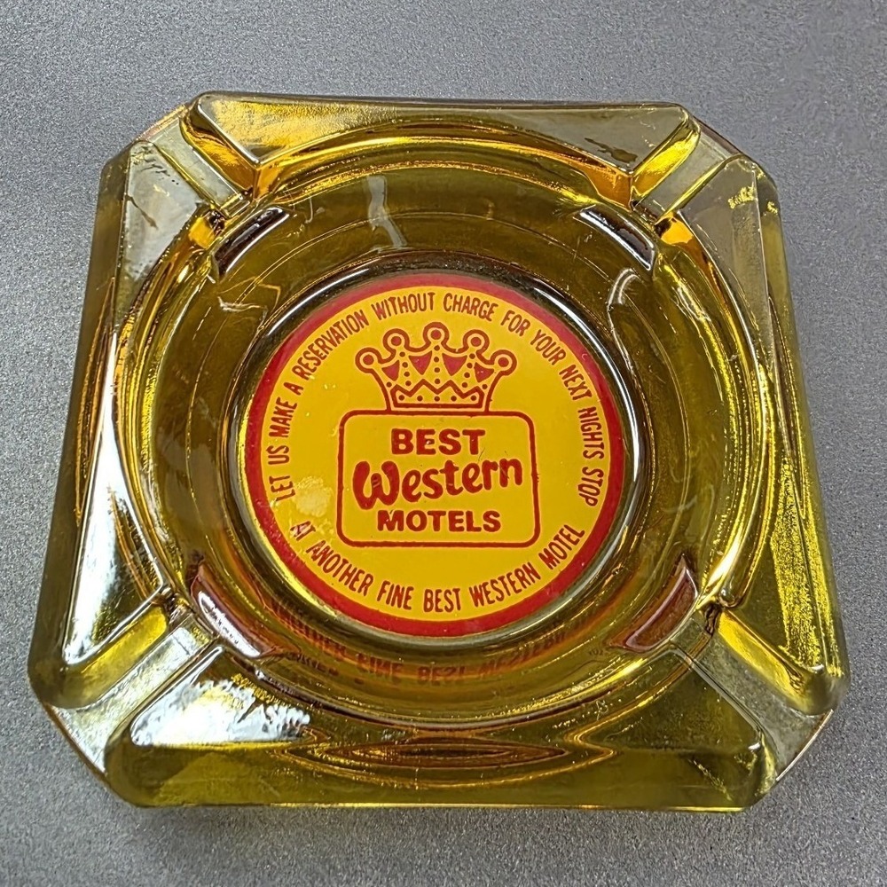Ashtray Best‎ Western Yellow Square Glass Logo Hotel Motel Travel VTG